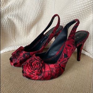 WHBM Red and Black Rosette Peep toe heels with Matching Clutch bag